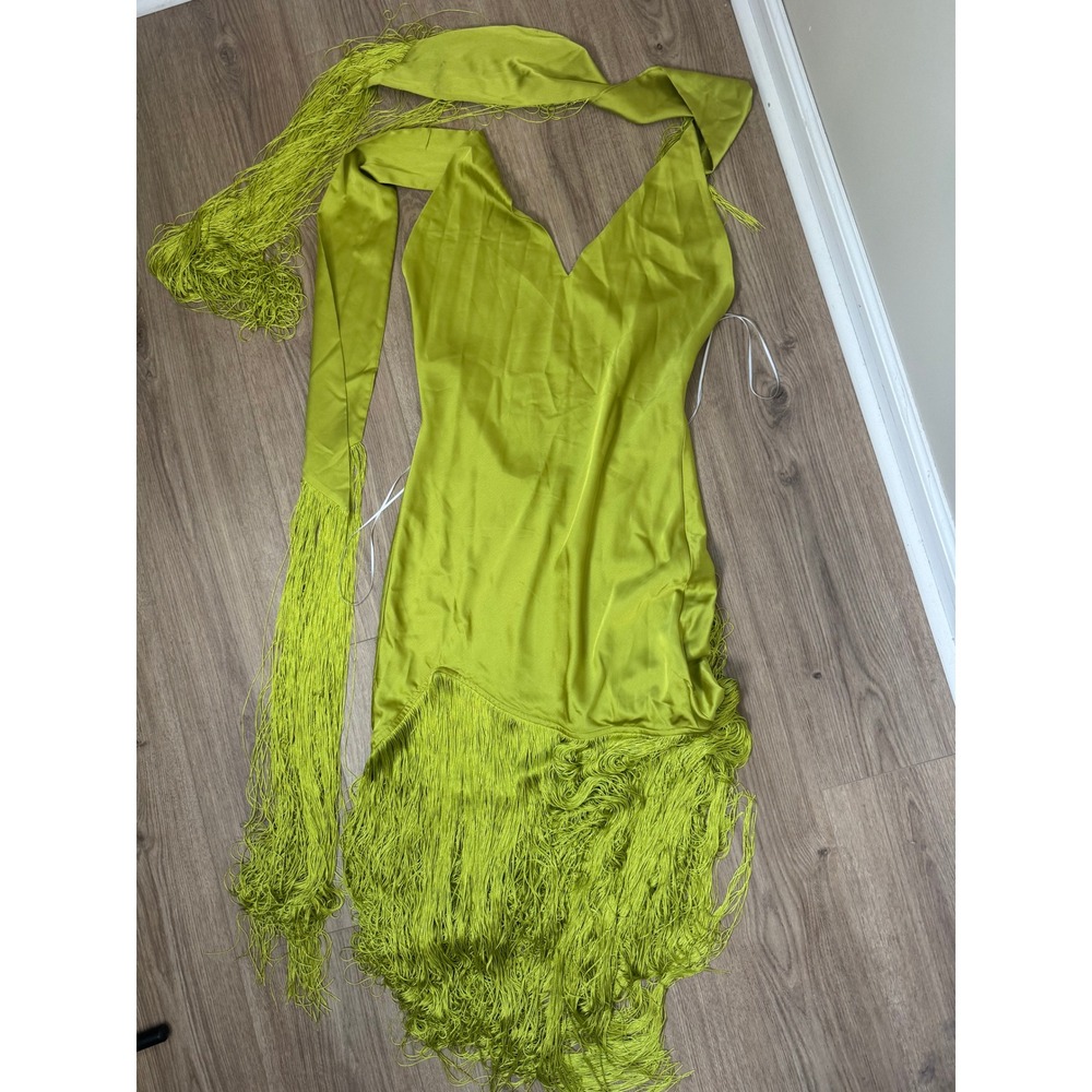 Show Me Your Mumu Chartreuse Green Satin Fringe Maxi Dress Scarf XS - Picture 3 of 6